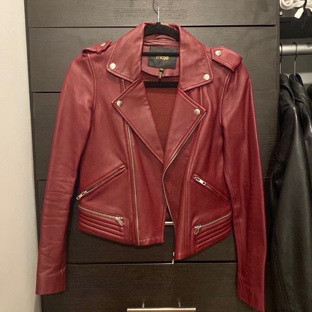 Maje Basalt Leather Biker Jacket - Red